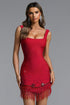 Silila Romantic Contour Square Neck Rhinestone Beaded Fringe Bandage Mini Dress