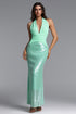 Zohara Chic Contour Halter V Neck Ruched Sequin Maxi Dress