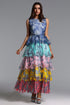 Lacy Elegant Flowy Sleeveless Tiered Ruffle Floral Print Maxi Dress