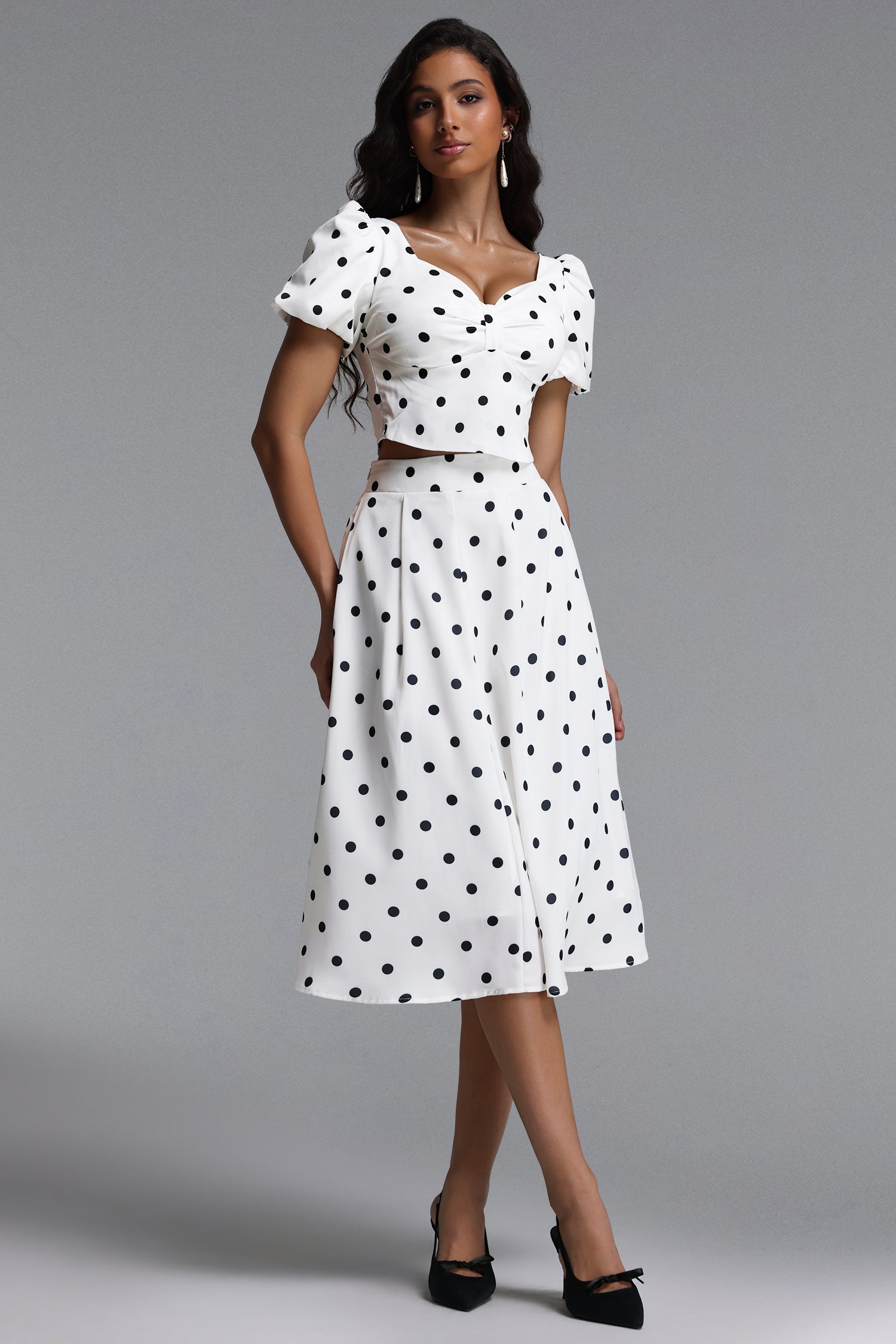Islay Resort Flowy Puff Sleeve Polka Dot Ruched Woven Top and Skirt Two Piece Set	
