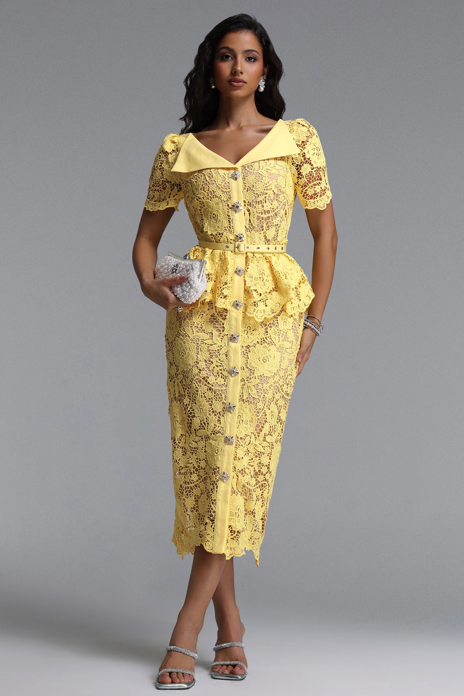 Quinn Elegant Cinched Short Sleeve Floral Lace Maxi Dress	
