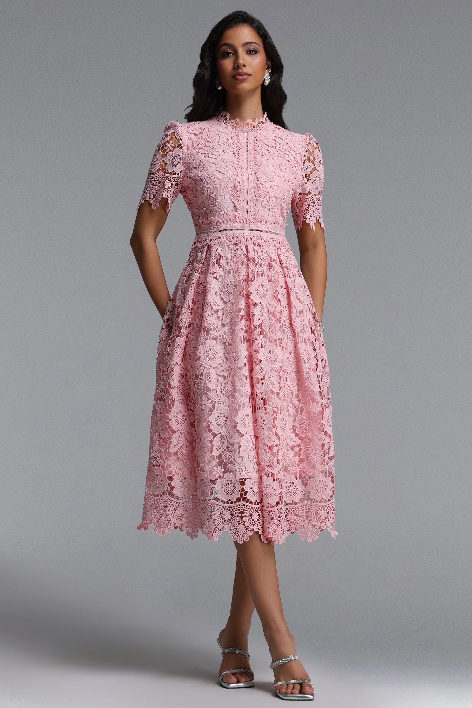 Valema Resort Flowy Short Sleeve Floral Lace Midi Dress	