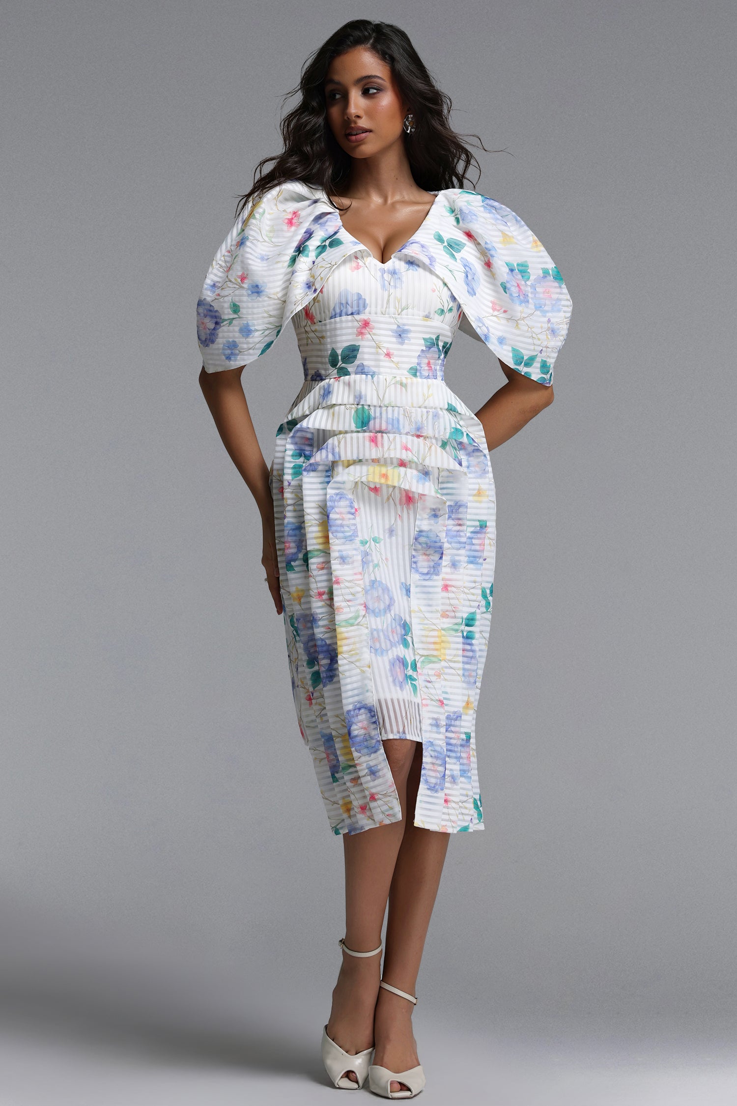 Wezal Chic Tailored Floral Print Stripe Woven Midi Dress	