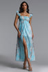 Hailey Resort Flowy Sleeveless Ruffle High Slit Print Woven Maxi Dress