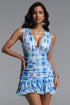 Falzer Resort Contour V Neck Sleeveless Ruffle Ruched Mesh Mini Dress
