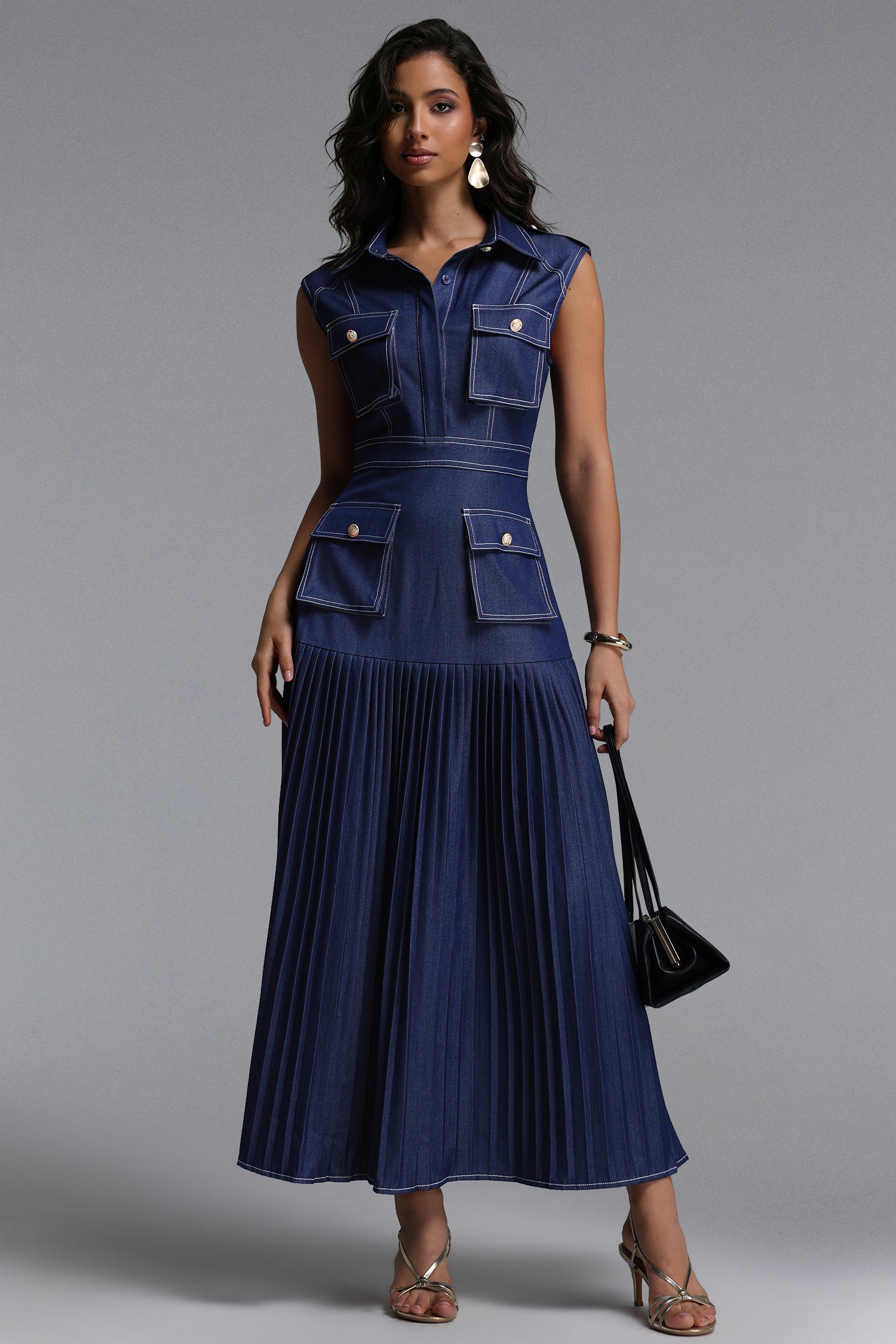 Jouy Elegant Tailored Sleeveless Pleated Maxi Dress	