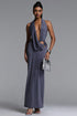 Xuliy Chic Contour Deep V Asymmetric Metal Buckle Maxi Dress