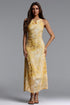 Renaa Elegant Cinched Round Neck Sleeveless Bow Floral Print Woven Maxi Dress