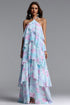 Fanya Resort Flowy Sleeveless Ruffle Floral Print Organza Maxi Dress