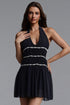 Quinta Sexy Cinched V Neck Sleeveless Rhinestone Mesh Mini Dress