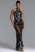 Dorie Chic Contour Halter Embellished Floral Sheer Maxi Dress