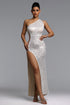 Katty Elegant Contour One Shoulder Pearl Sequin Maxi Dress