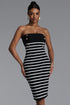 Turey Chic Contour Strapless Buttoned Contrast Stripe Bandage Black Midi Dress