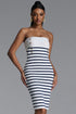 Turey Chic Contour Strapless Buttoned Contrast Stripe Bandage White Midi Dress
