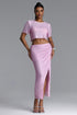 Peyson Romantic Contour Short Sleeve Crystal Crop Top and Ruched Skirt Set