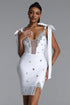 Zatte Sexy Contour Bow Strap Rhinestone Bandage White Mini Dress