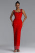 Shea Elegant Contour Square Neck Floral Pearl Bandage Red Maxi Dress