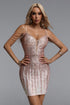 Hattie Glamorous Contour Deep V Beaded Fringe Sequin Beige Mini Dress