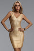 Zoey Chic Contour V Neck Golden Metallic Bandage Midi Dress