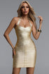 Natalya Classic Contour Halter Golden Metallic Bandage Midi Dress