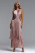 Taye Classic Contour Halter Fringe Bandage Pink Maxi Dress