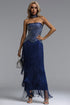 Haliy Glamorous Contour Rhinestone Fringe Bandage Blue Maxi Dress