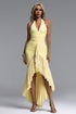 Isolde Romantic Contour Halter V Neck Ruched Mesh Maxi Dress