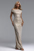 Shalissa Glamorous Contour Off Shoulder Ruched Crystal Mesh Maxi Dress