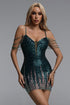 Hattie Glamorous Contour Deep V Beaded Fringe Sequin Green Mini Dress