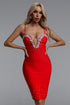 Kava Chic Contour V Neck Rhinestone Bandage Red Midi Dress