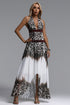 Hlasa Chic Flowy Halter V Neck Beaded Leopard Print Maxi Dress