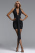 Fantine Chic Contour Halter Deep V Ruched Knit Black Mini Dress