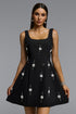 Classic Tailored Square Neck Rhinestone Woven Black Mini Dress