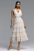 Doluo Elegant Flowy V Neck Halter Tiered Ruffle Floral Maxi Dress