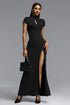 Saturn Chic Contour Short Sleeve Zipper Front Cut Out Knit Maxi Dress