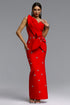 Ohney Chic Contour Strapless Asymmetric Rhinestone Red Maxi Dress