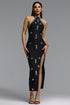 Grasa Elegant Contour High Neck Halter Rhinestone High Slit Bandage Maxi Dress