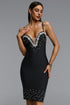 Kava Chic Contour V Neck Rhinestone Bandage Black Midi Dress