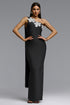 Fritia Elegant Contour One Shoulder Rhinestone Floral Bandage Maxi Dress
