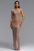 Eliza Chic Contour Halter Crystal Mesh Maxi Dress
