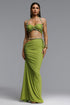 Varo Chic Flowy Beaded Top and Ruched Green Skirt Set