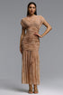 Vocca Romantic Contour Ruched Floral Print Sheer Nude Maxi Dress