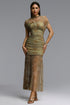 Vocca Romantic Contour Ruched Floral Print Sheer Green Maxi Dress