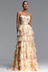 Namia Romantic Tailored Strapless Rhinestone Ruffle Floral Print Yellow Maxi Dress