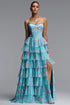Namia Romantic Tailored Strapless Rhinestone Ruffle Floral Print Blue Maxi Dress