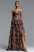 Pako Elegant Tailored Strapless Pleated Leopard Print Maxi Dress