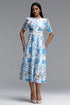 Pelosy Elegant Cinched Short Sleeve Floral Print Lace Midi Dress