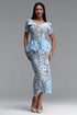 Quinn Elegant Cinched Short Sleeve Floral Lace Blue Maxi Dress