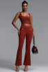 Vivienne Chic Straight-shoulder effect Sleeveless Square Neck Wavy Knit Reddish Brown Top and Pant Set