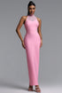 Maggie Elegant Fitted Halter Neck Rhinestone Trim Bandage Maxi Dress
